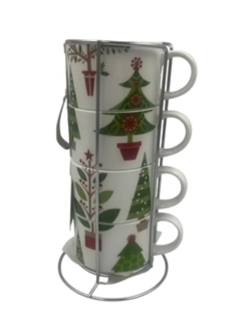 Vintage Pier 1 Christmas Tree Stacking Mugs with metal rack 1990’s era NWT